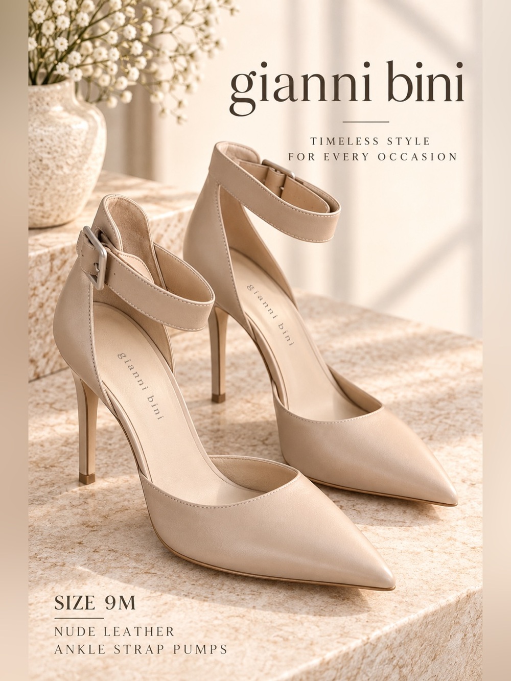 Gianni Bini Nude Leather Pointed Toe Ankle Strap Pumps Size 9M
